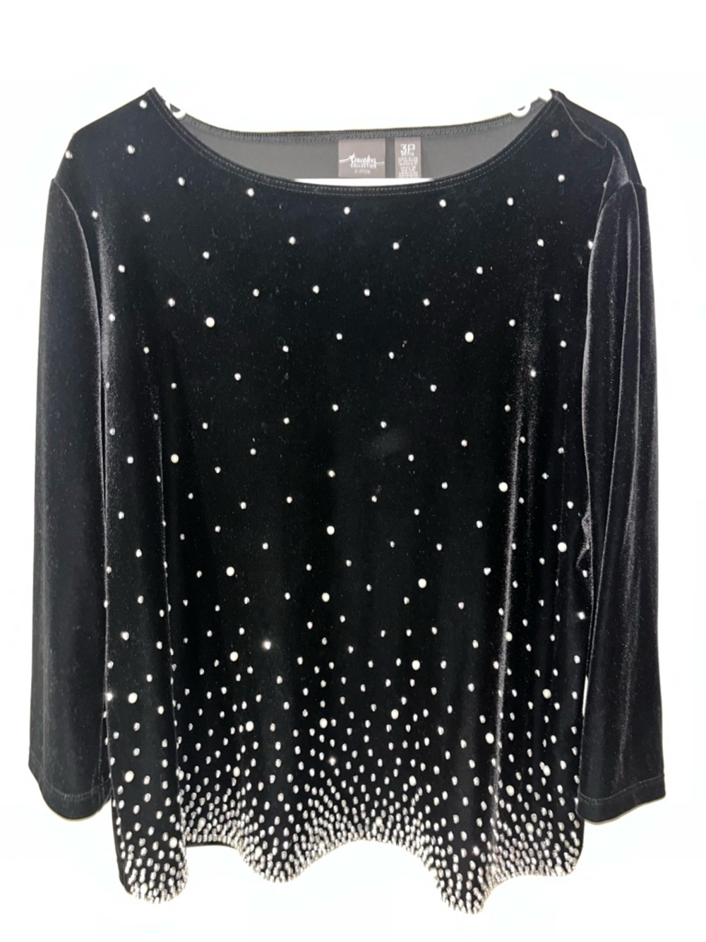 Chico's Travelers Black Embellished Velour Top Evening Pearls Beads Studs Sz XL